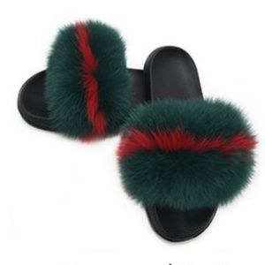 Green and Red Fox Fur Sandals